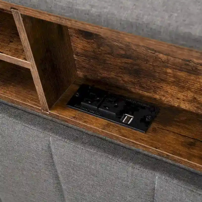 Letto imbottito con piattaforma, testiera contenitore e porta USB