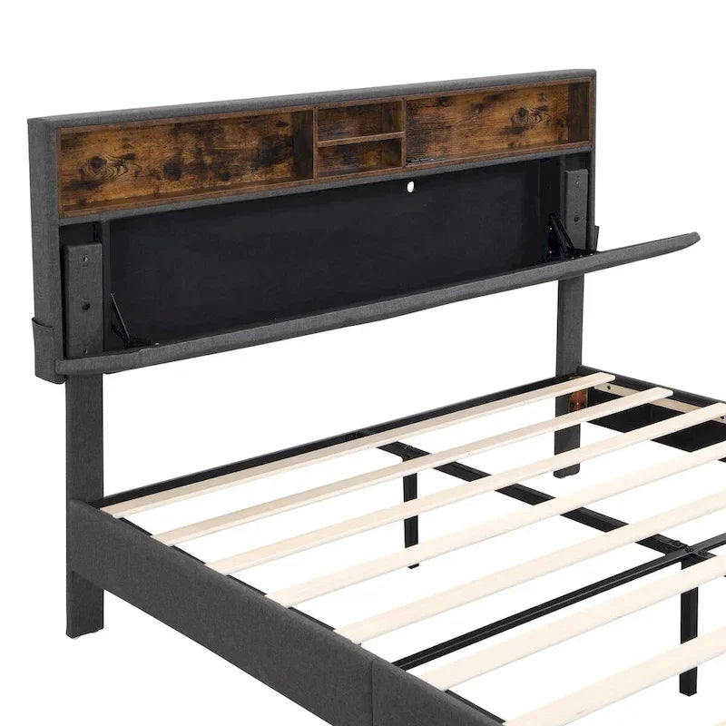 Letto imbottito con piattaforma, testiera contenitore e porta USB