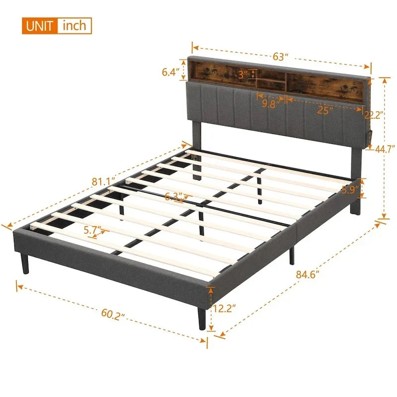 Letto imbottito con piattaforma, testiera contenitore e porta USB