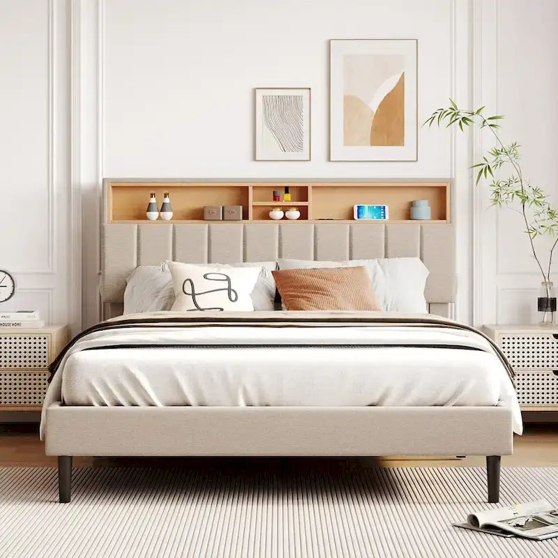 Letto imbottito con piattaforma, testiera contenitore e porta USB