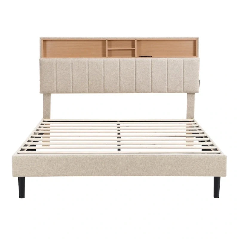 Letto imbottito con piattaforma, testiera contenitore e porta USB