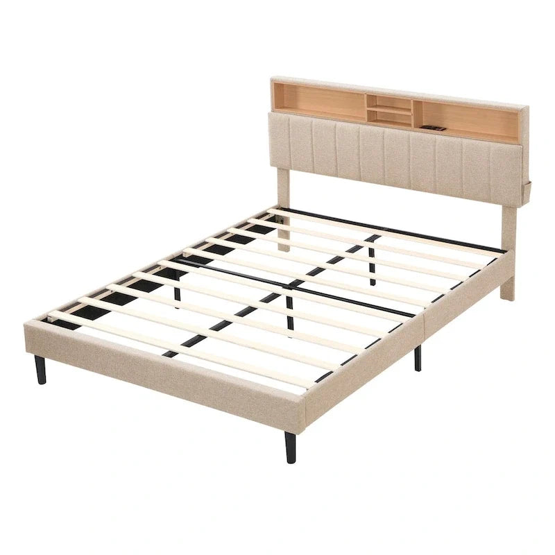 Letto imbottito con piattaforma, testiera contenitore e porta USB