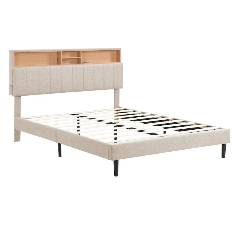 Letto imbottito con piattaforma, testiera contenitore e porta USB