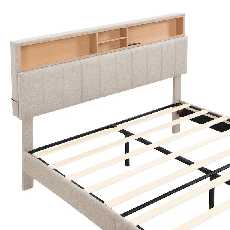 Letto imbottito con piattaforma, testiera contenitore e porta USB