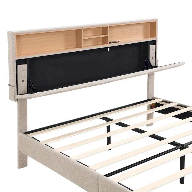 Letto imbottito con piattaforma, testiera contenitore e porta USB