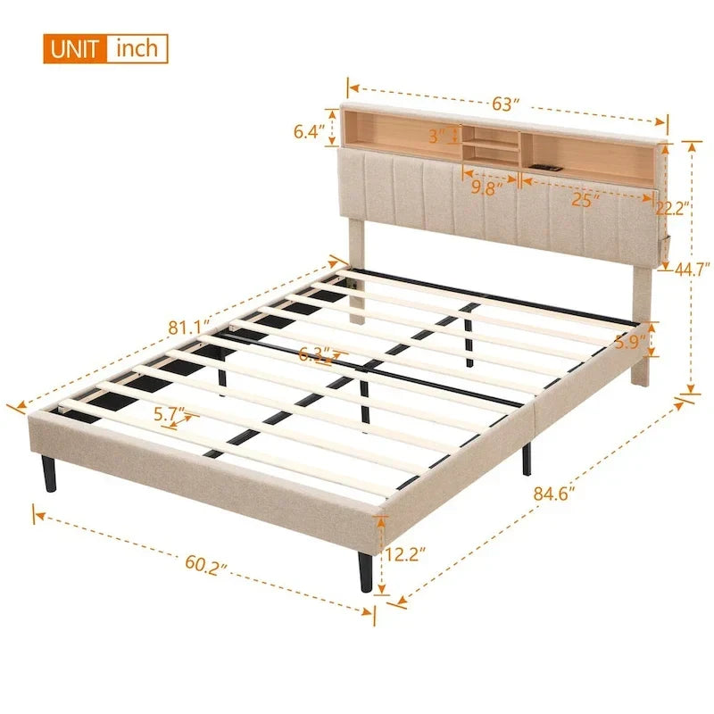 Letto imbottito con piattaforma, testiera contenitore e porta USB
