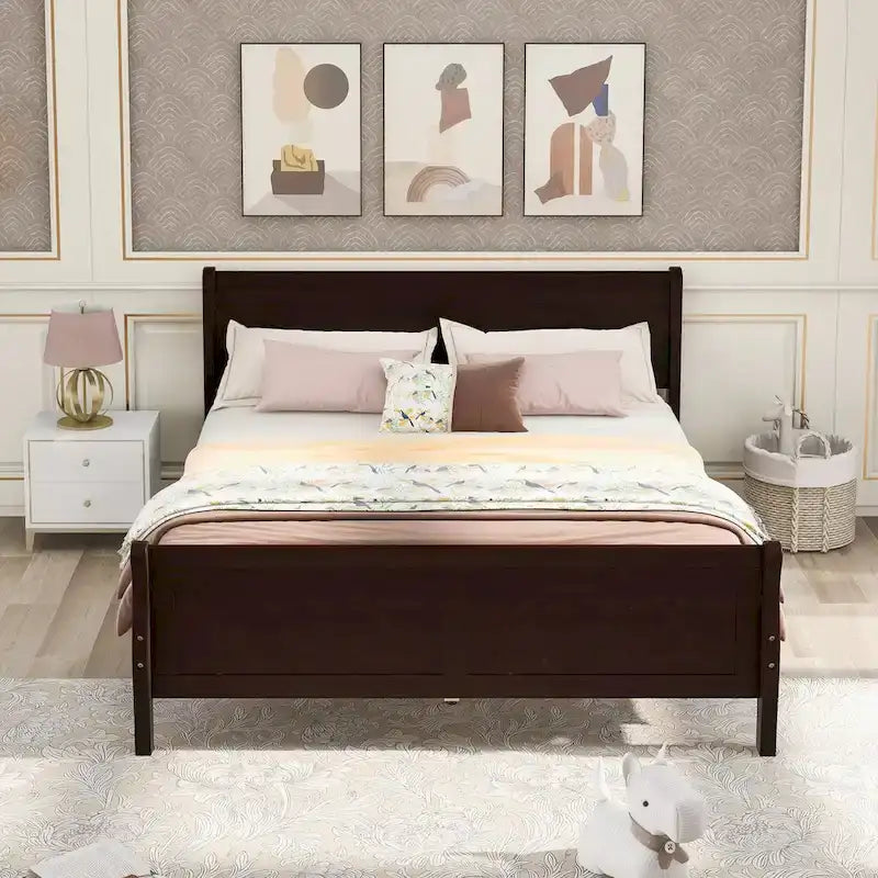 Lit plateforme double en bois avec tête de lit et support à lattes, design minimaliste pour chambre à coucher
