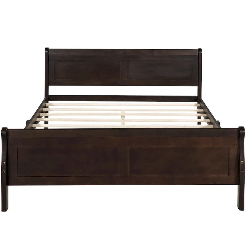Lit plateforme double en bois avec tête de lit et support à lattes, design minimaliste pour chambre à coucher