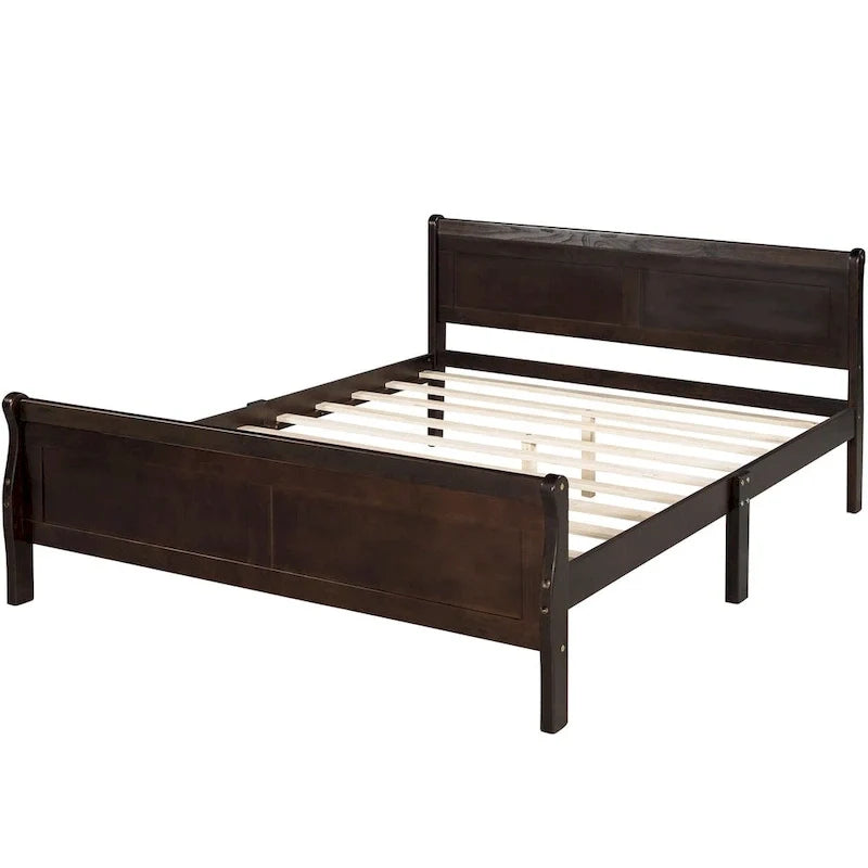 Lit plateforme double en bois avec tête de lit et support à lattes, design minimaliste pour chambre à coucher