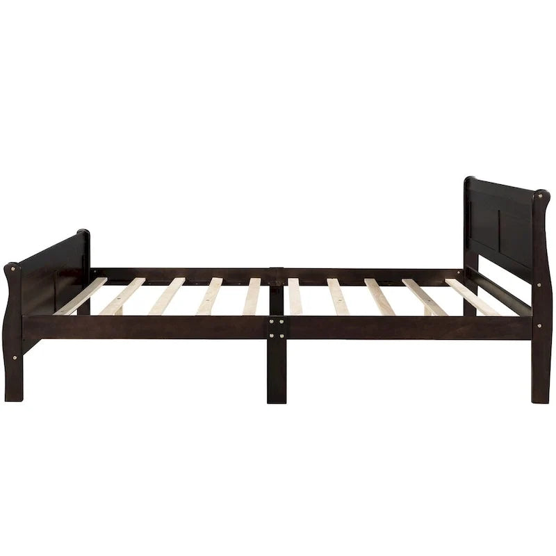 Lit plateforme double en bois avec tête de lit et support à lattes, design minimaliste pour chambre à coucher