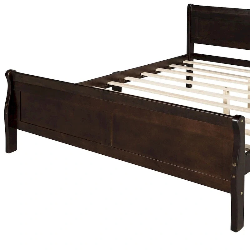 Lit plateforme double en bois avec tête de lit et support à lattes, design minimaliste pour chambre à coucher