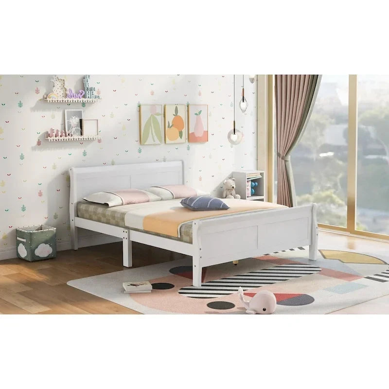 Lit plateforme double en bois avec tête de lit et support à lattes, design minimaliste pour chambre à coucher