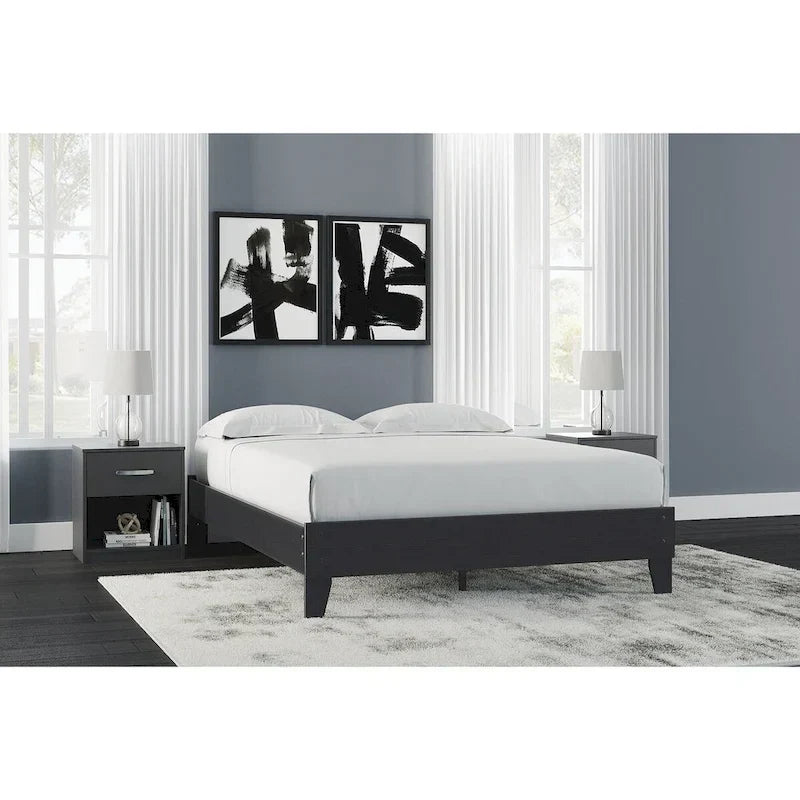 Lit plate-forme noir Ashley Finch de Signature Design avec 2 tables de chevet
