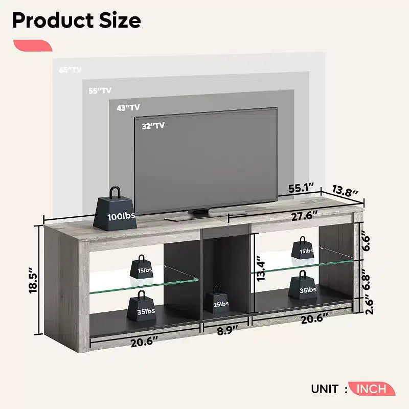 Mobile porta TV in truciolato con ripiani in vetro 47A x 140L x 35P cm