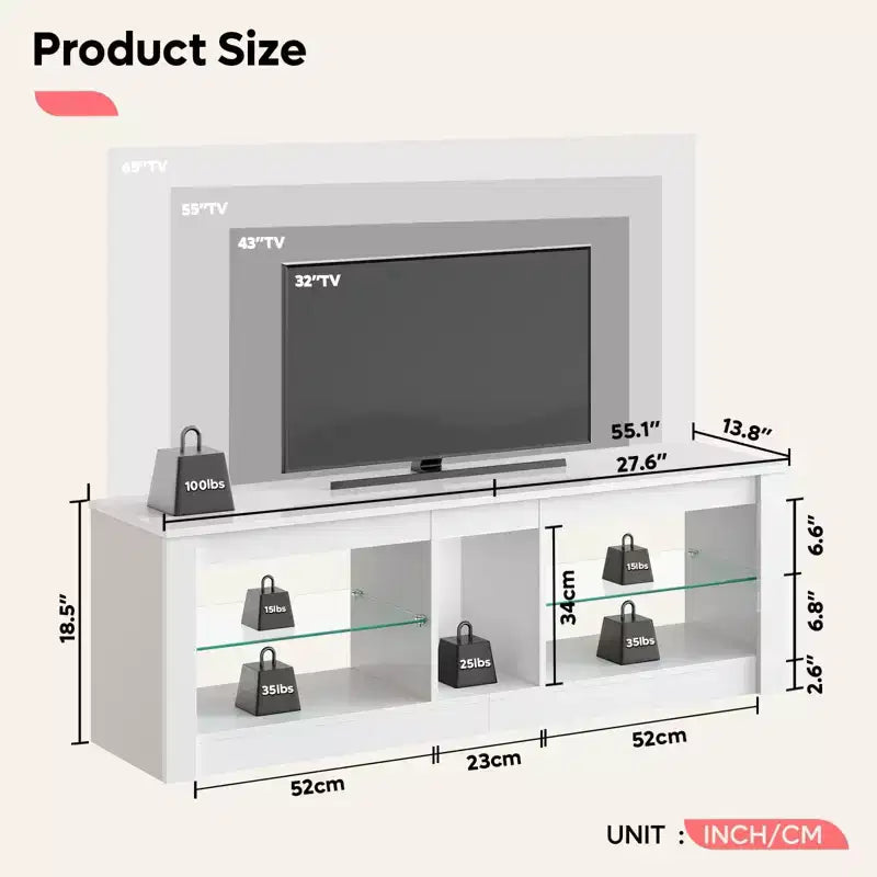 Mobile porta TV in truciolato con ripiani in vetro 47A x 140L x 35P cm
