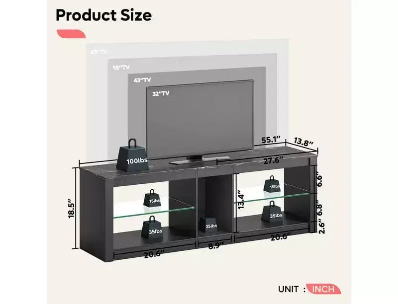 Mobile porta TV in truciolato con ripiani in vetro 47A x 140L x 35P cm