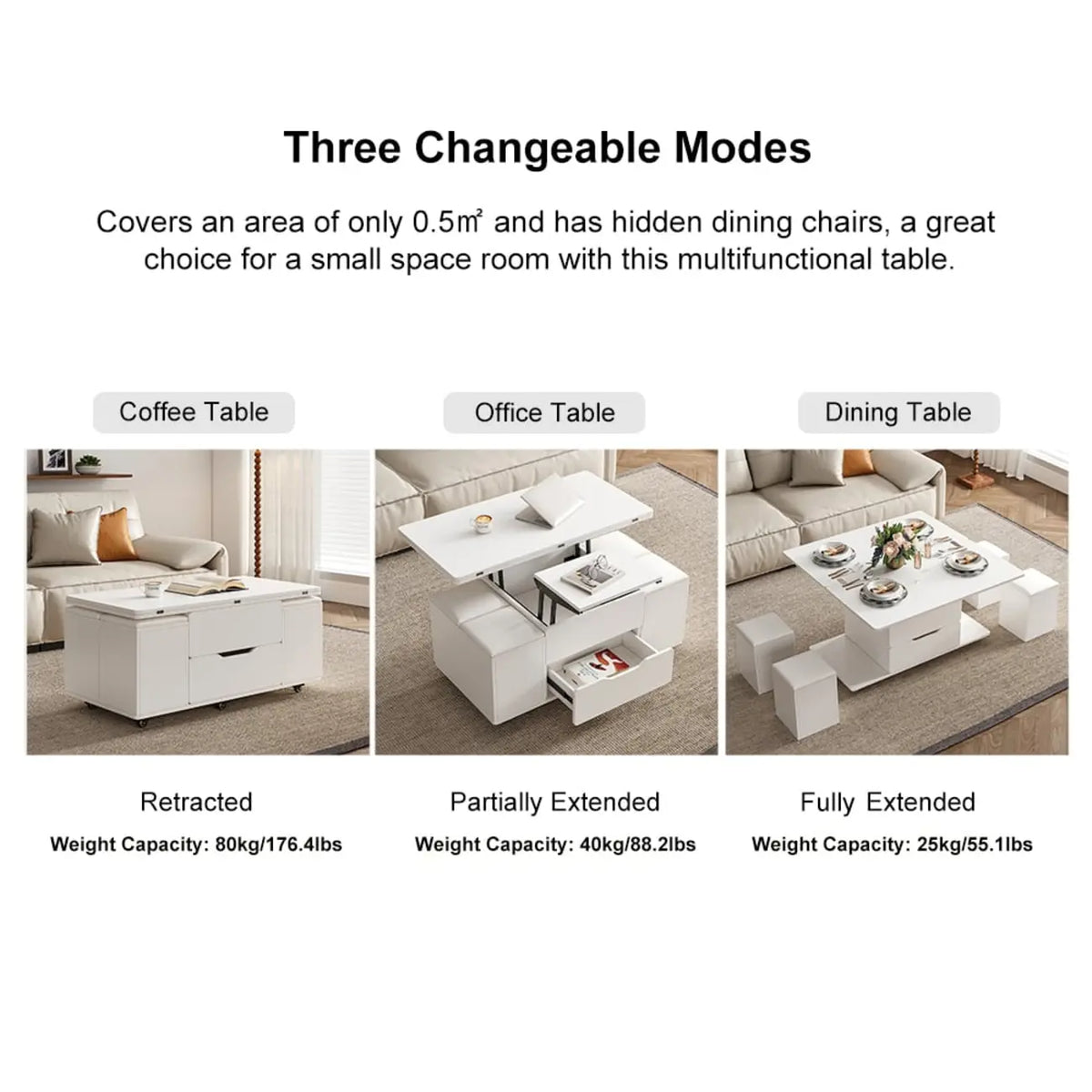 Foldable Lift-Top Coffee Table with 4 Stools & Storage
