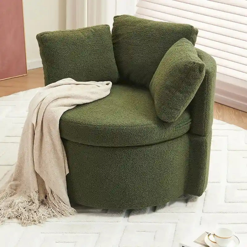 Fauteuil pivotant en tissu avec rangement et coussin de dossier pour le salon