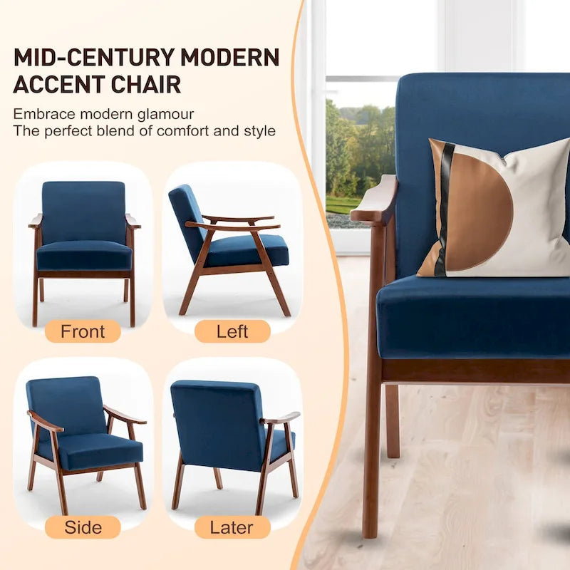 Mid-Century Modern Accent Chair with Solid Wood Frame, Set of 1
