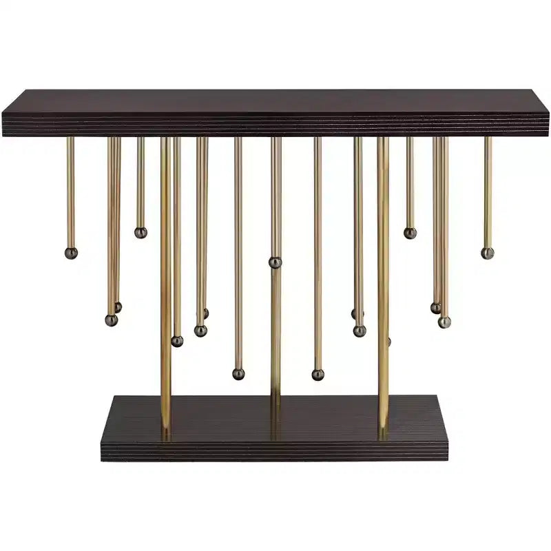 55 Downing Street Rain Console Rettangolare Moderna Dorata 122 x 35 cm con Fili a Goccia Sospesi Neri, da Tavolo per Soggiorno