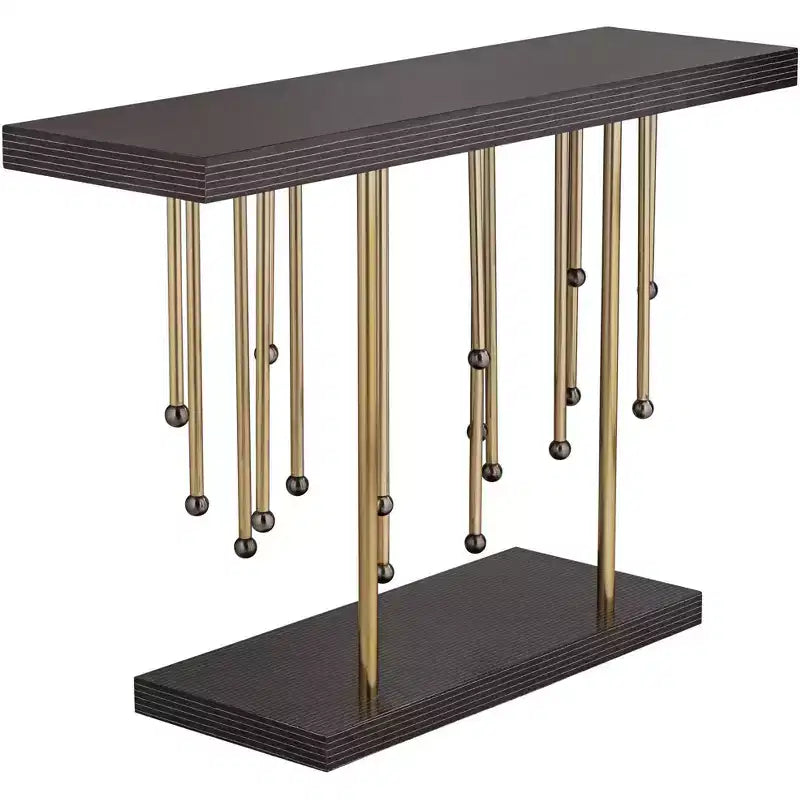 55 Downing Street Rain Console Rettangolare Moderna Dorata 122 x 35 cm con Fili a Goccia Sospesi Neri, da Tavolo per Soggiorno