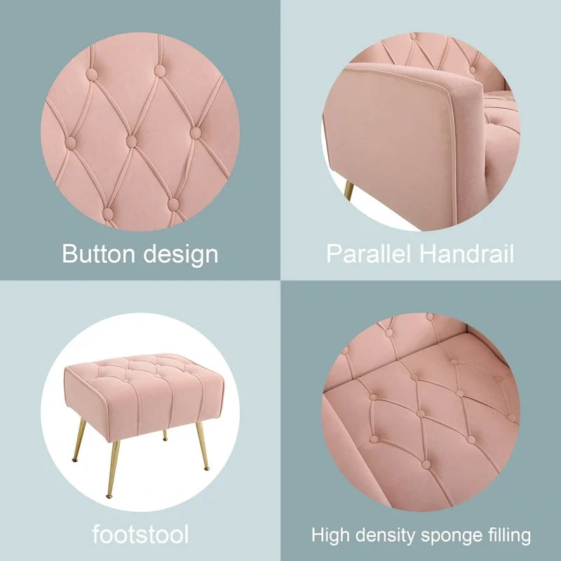 Fauteuil à oreilles tapissé avec pouf