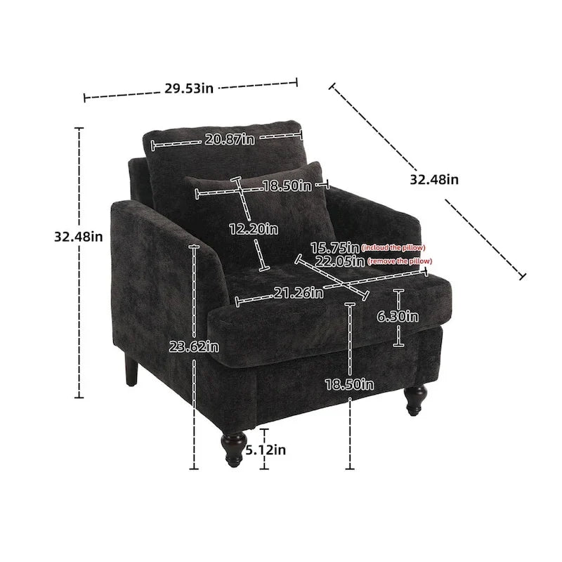 Fauteuil simple en chenille, fauteuil d'appoint rembourré avec coussin moelleux, fauteuil de lecture moderne du milieu du siècle