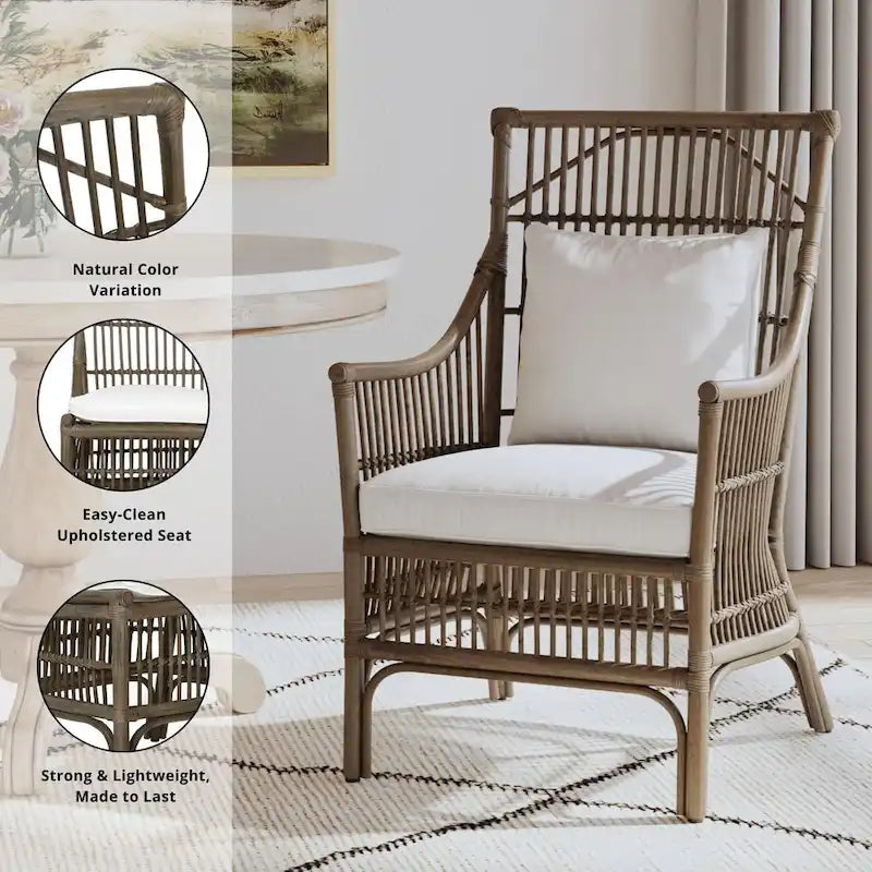Rattan Slat Back Cushioned Arm Dining Accent Chair by East at Main - 24x25.5x39.25