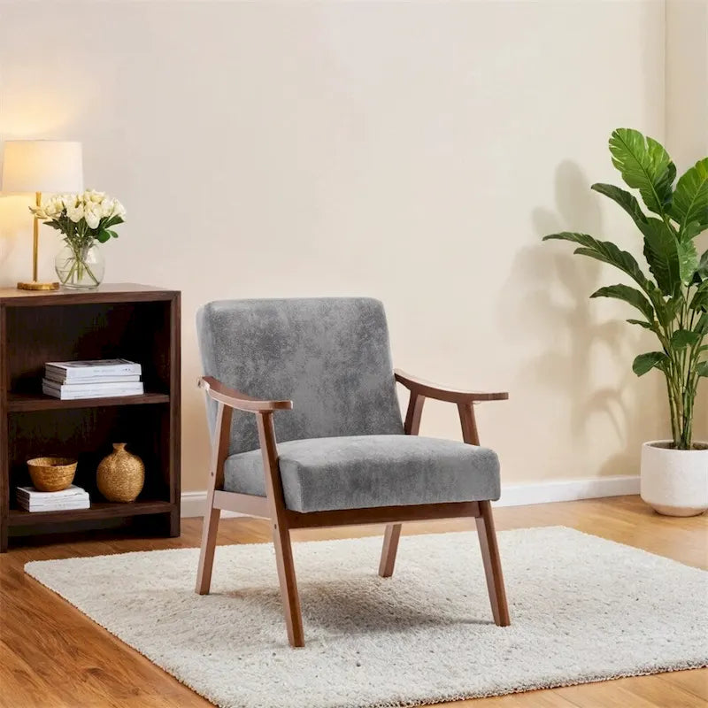 Chaise Mid-Century Moderne, Fauteuil de salon avec cadre en bois massif
