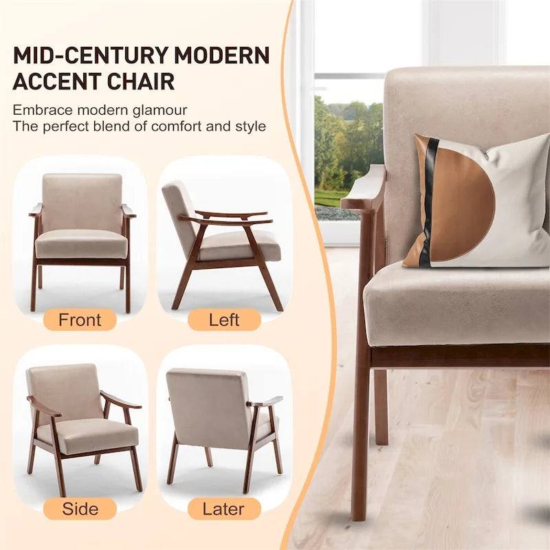 Chaise Mid-Century Moderne, Fauteuil de salon avec cadre en bois massif