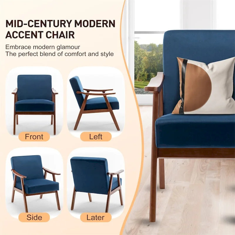 Chaise Mid-Century Moderne, Fauteuil de salon avec cadre en bois massif