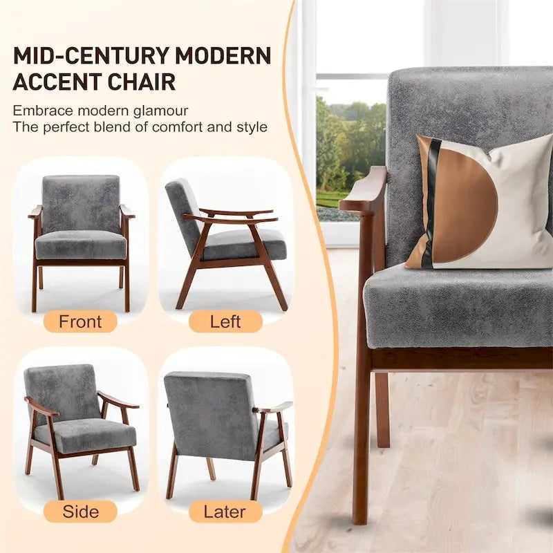 Chaise Mid-Century Moderne, Fauteuil de salon avec cadre en bois massif