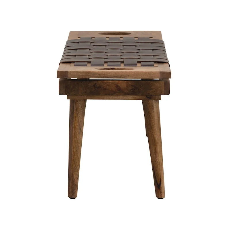 Tabouret en bois de manguier avec assise en cuir tressé