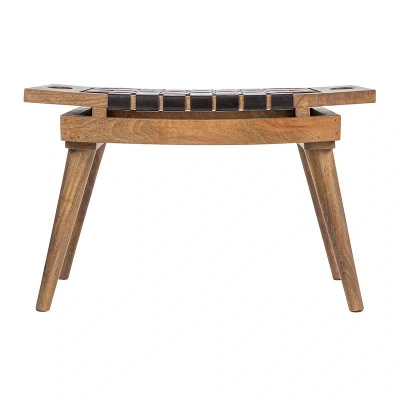 Tabouret en bois de manguier avec assise en cuir tressé
