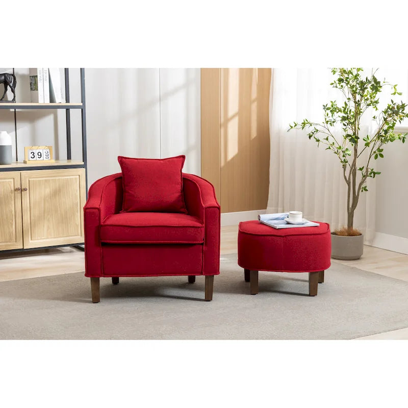 Mid-Century Upholstered Barrel Accent Round Arm Chair with Ottoman