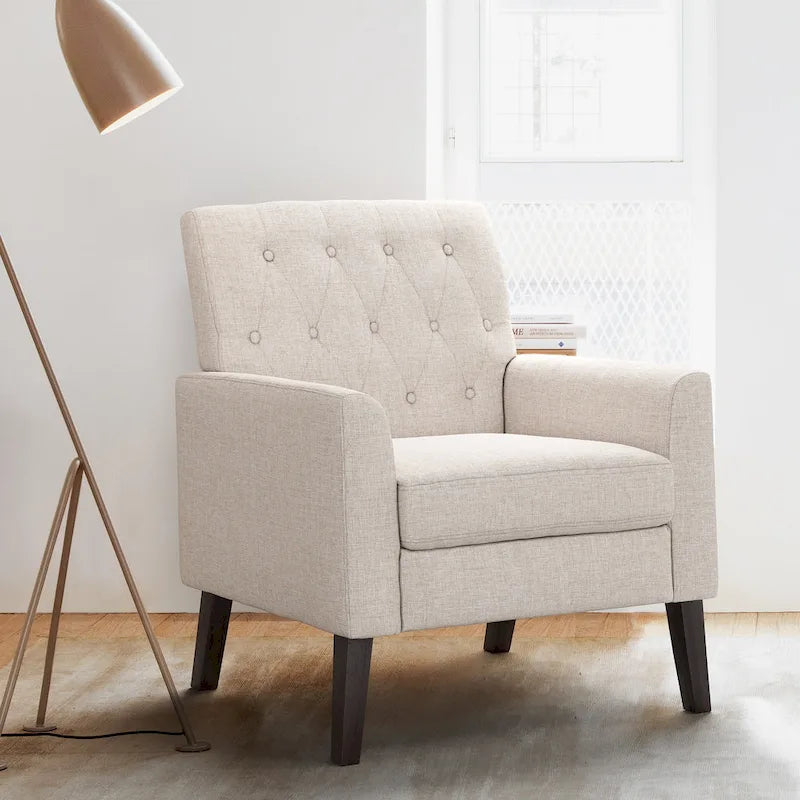 LUE BONA Linen Accent Chair Comfy Living Room Chair with Arms Upholstered Button Tufted Armchair Modern Arm Chairs