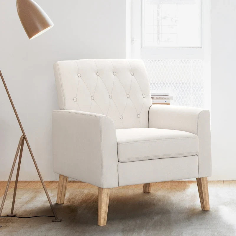 LUE BONA Linen Accent Chair Comfy Living Room Chair with Arms Upholstered Button Tufted Armchair Modern Arm Chairs