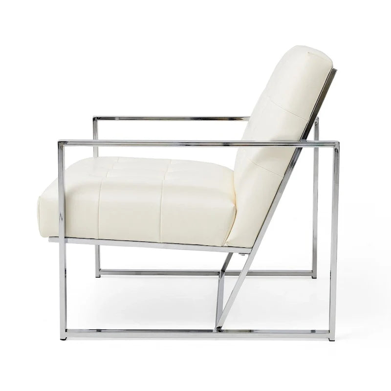 Glitzhome Fauteuil d'appoint touffeté en cuir PU crème, style milieu de siècle, 77,5 cm de hauteur, avec cadre chromé