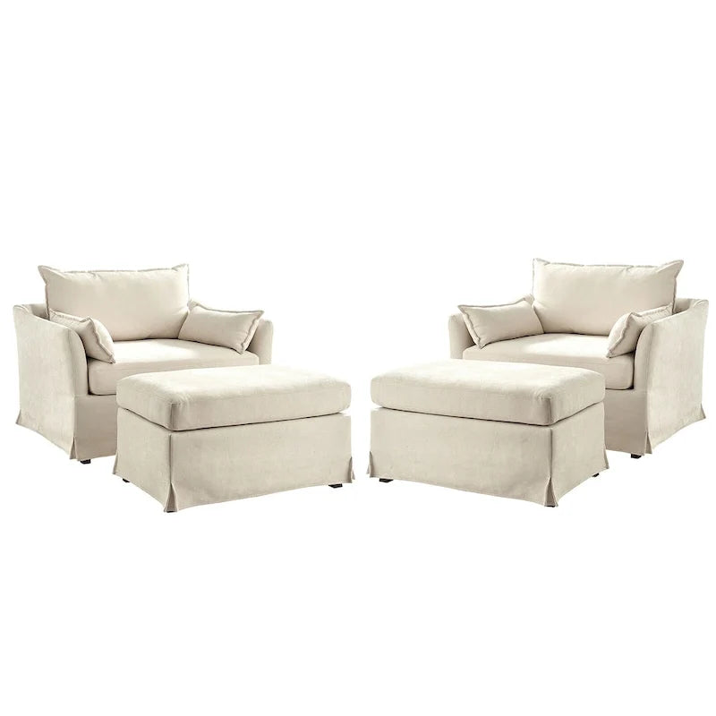 Sophie Modern Oversized Slipcovered Armchair with Ottoman and Lockable Rear Wheels Set of 2 by HULALA HOME