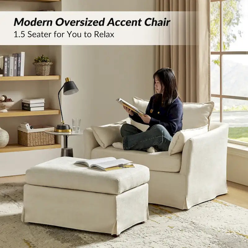 Sophie Modern Oversized Slipcovered Armchair with Ottoman and Lockable Rear Wheels Set of 2 by HULALA HOME