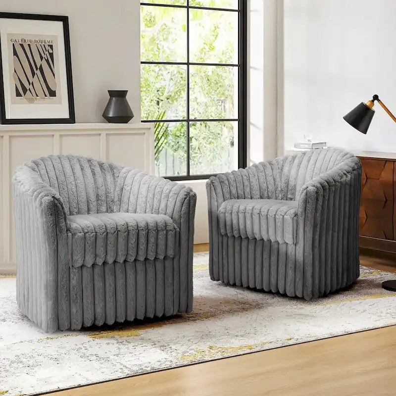2 Set Modern 49 Upholstered Plush Corduroy Swivel Barrel Accent Chair