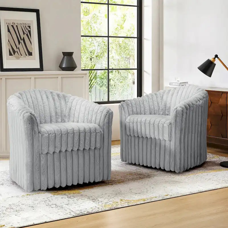 2 Set Modern 49 Upholstered Plush Corduroy Swivel Barrel Accent Chair