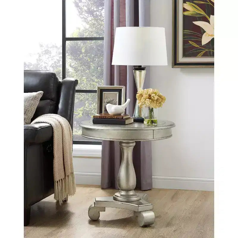 Rene Round Wood Pedestal Side Table, Champagne
