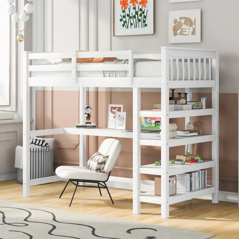 Lit mezzanine en pin, taille jumeau, avec étagères de rangement et bureau intégré.