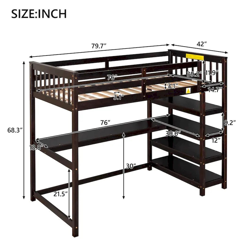 Lit mezzanine en pin, taille jumeau, avec étagères de rangement et bureau intégré.