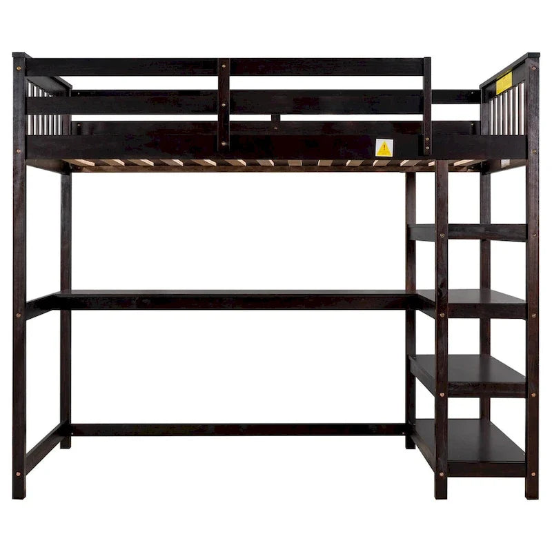 Lit mezzanine en pin, taille jumeau, avec étagères de rangement et bureau intégré.