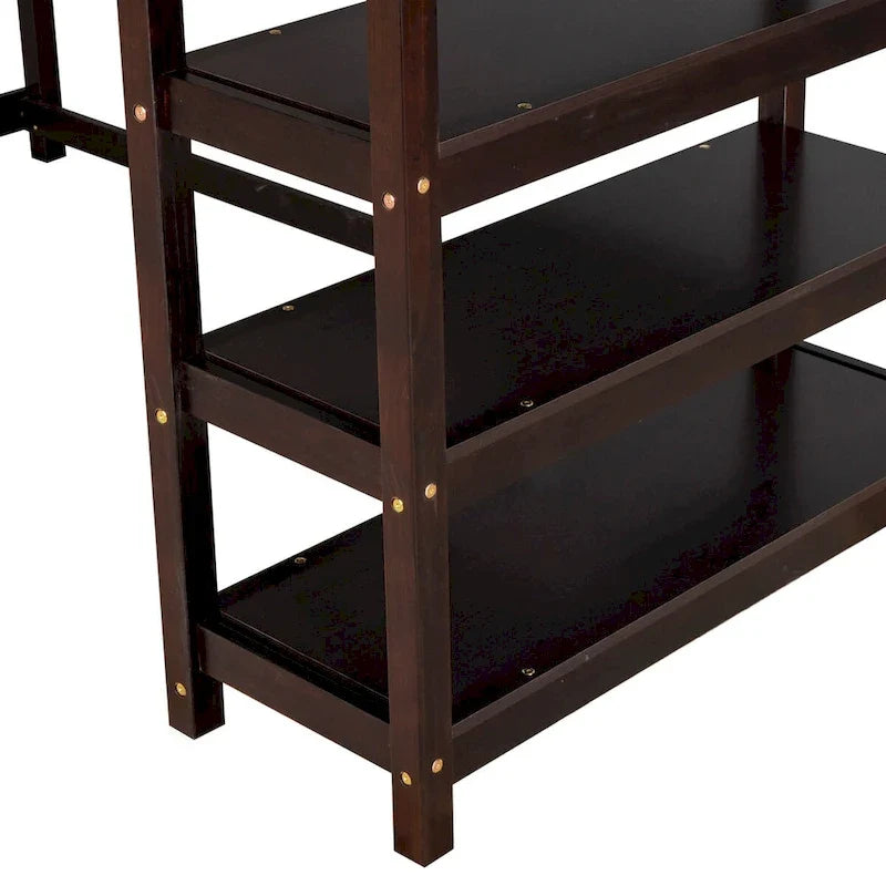 Lit mezzanine en pin, taille jumeau, avec étagères de rangement et bureau intégré.