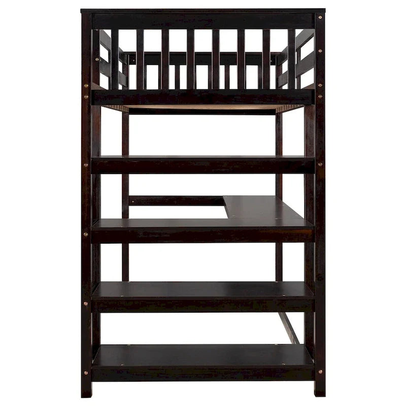Lit mezzanine en pin, taille jumeau, avec étagères de rangement et bureau intégré.