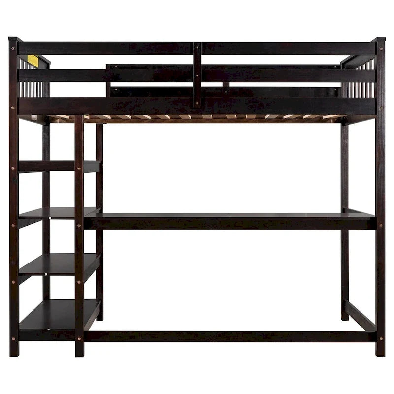 Lit mezzanine en pin, taille jumeau, avec étagères de rangement et bureau intégré.