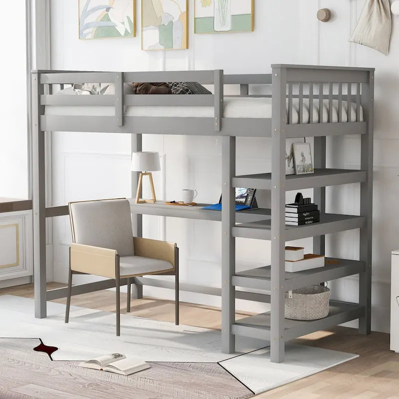 Lit mezzanine en pin, taille jumeau, avec étagères de rangement et bureau intégré.